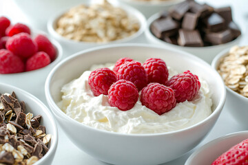 Close-up of yogurt with raspberries in a white bowl, surrounded by bowls of oats and chocolate, showcasing a healthy and delicious breakfast concept