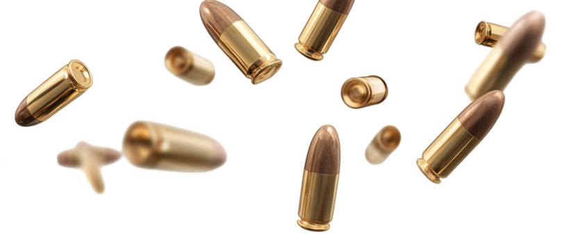 Falling bullets, flying shells isolated on a transparent background