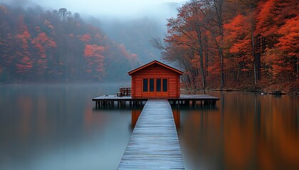 Fototapeta premium A small wooden cabin stands on a lake during the autumn season