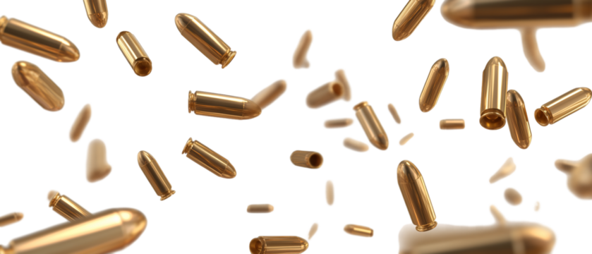 Falling bullets, flying shells isolated on a transparent background