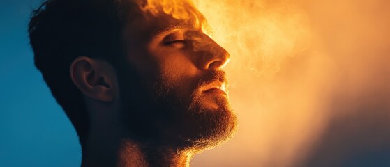 Man with closed eyes in golden light