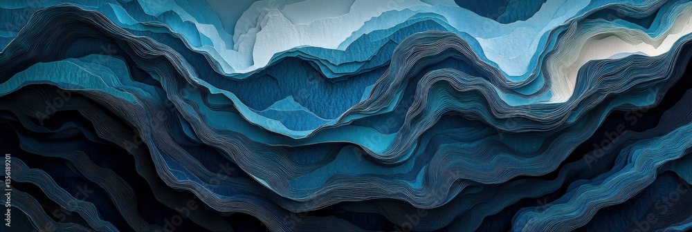 Poster abstract layered landscape in shades of blue with textured waves and soft curves in a modern artisti