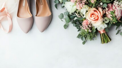 Bridal Wedding Mockup: Accessories and Shoes on White Background with Copy Space