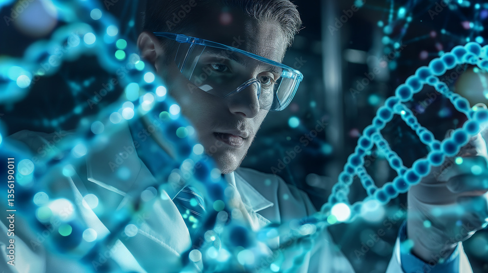 Poster this scientist examines dna structures while researching genetic alterations for youthfulness.