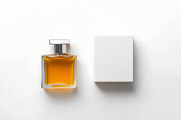 A perfume bottle with amber liquid and a white box on a plain white surface top down view studio shot