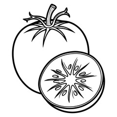 Single one line drawing of whole and sliced healthy organic tomatoes for farming logo identity. Fresh tropical vegetable for veggie garden icon. Continuous line draw design graphic.