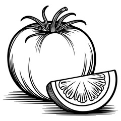 Single one line drawing of whole and sliced healthy organic tomatoes for farming logo identity. Fresh tropical vegetable for veggie garden icon. Continuous line draw design graphic.