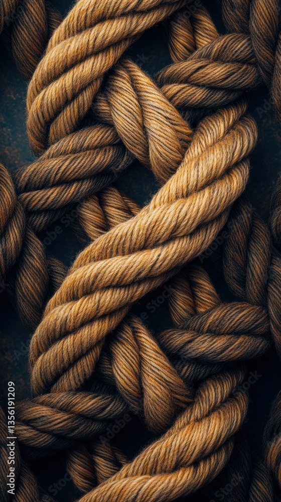 Poster close-up of intertwined natural fiber rope threads in warm tones against a dark background for textu