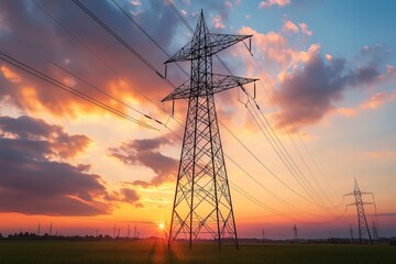 Sunset view of a standard transmission tower for overhead electricity lines