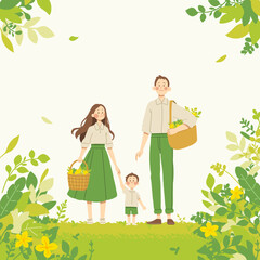 봄 들판 위 세가족 Happy Family Walking in Spring Garden with Flowers and Greenery