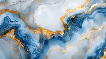 Abstract marble texture with flowing cobalt blue swirls and shimmering gold accents on smooth white stone background