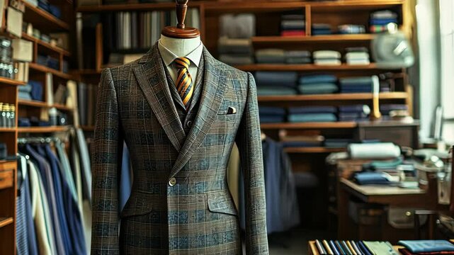 A professional tailors fitting room with a mannequin measuring tapes and fabric swatches