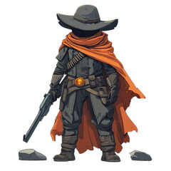 Character with hat and orange cloak holding a gun on a black background art
