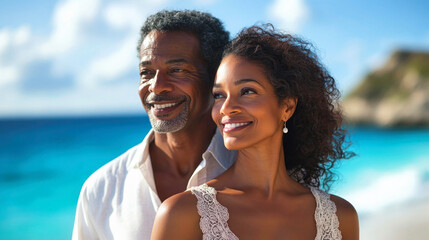 Portrait of a middle age African American couple standing together near the seaside.