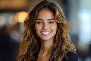 Fototapeta premium Bright smile of a young woman in a modern indoor setting