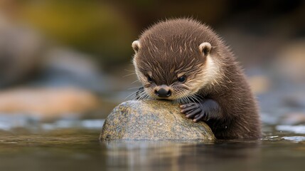 Fototapeta premium Playful Otter Kitten Examining a Rock in Calm Water Environment