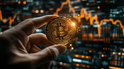 Hand holding glowing Bitcoin hologram futuristic chart background crypto currency digital asset blockchain technology finance concept investment innovation orange light virtual economy trading trend