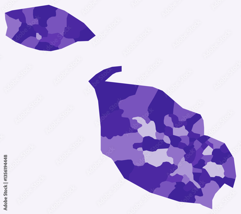 Poster map of malta with regions. just a simple country border map with region division. deep purple color 