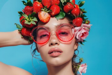 Expressing joy with strawberries in a playful and colorful setting at a vibrant midday gathering