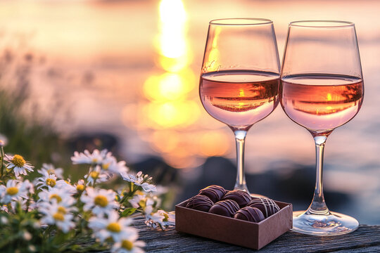 Two wine glasses of rose wine at sunset, next to a box of chocolates and daisies. Romantic, peaceful scene, ideal for Valentine's Day or relaxation themes