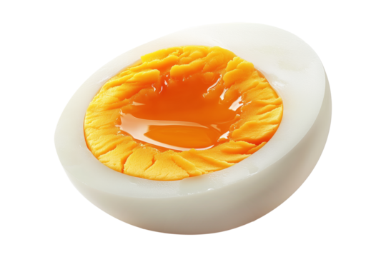 Halved boiled egg with semi-liquid yolk and firm egg white isolated on white transparent background, representing food and nutrition concepts