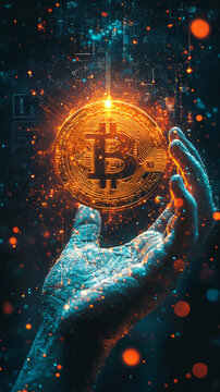 Hand reaching glowing Bitcoin futuristic sphere digital network crypto asset innovation finance virtual data ring orange light holographic system economy blockchain tech currency abstract technology