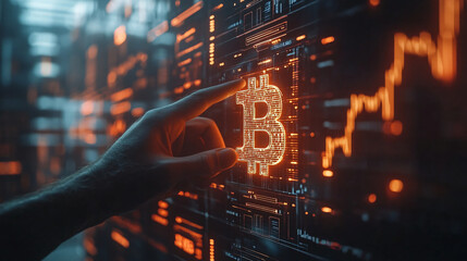Hand holding glowing Bitcoin hologram futuristic chart background crypto currency digital asset blockchain technology finance concept investment innovation orange light virtual economy trading trend
