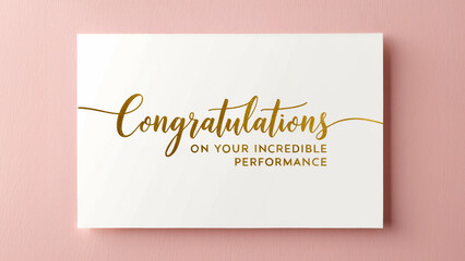 workplace congratulations card with cursive handwritten message congratulations on your incredible performance placed on pale pink background that gradates to a touch of cream towards the edges.