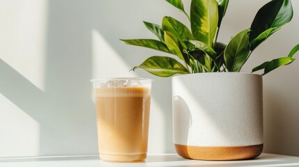 Refreshing Cold Brew Coffee Next to a Beautiful Potted Green Plant in Bright Sunlight