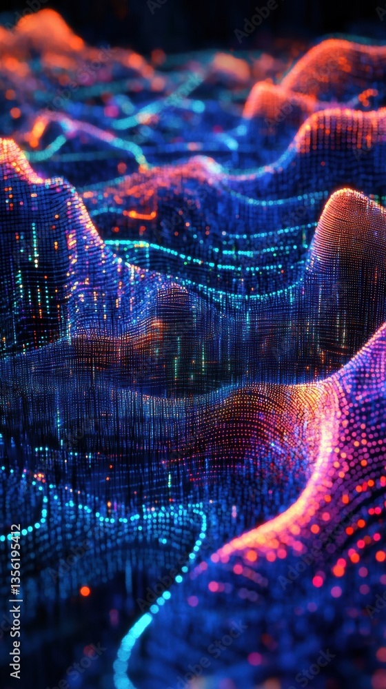 Poster vibrant abstract waves of light and color in a digital landscape representing data flow and connecti