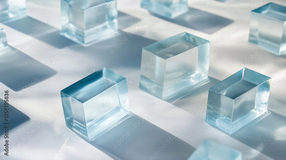 Poster translucent blue cubes arranged on a light surface, casting shadows, showcasing a clean and minimali