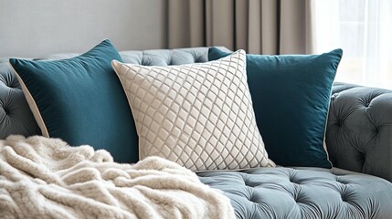 Elegant Teal & Cream Throw Pillows on Sofa
