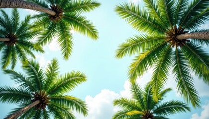 Lush Canopy Illustrate a vibrant view of towering palm trees with lush green fronds, set against a clear sky, evoking a sense of tranquility and natural beauty.
