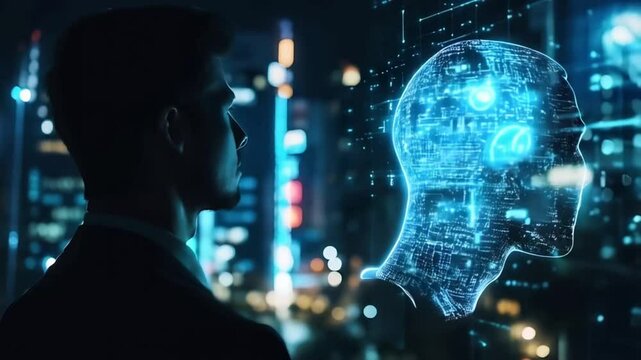 Man observing a rotating holographic figure against a futuristic city backdrop