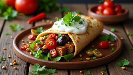 Delicious and Vibrant Vegan Burrito with Fresh Toppings on Rustic Wood