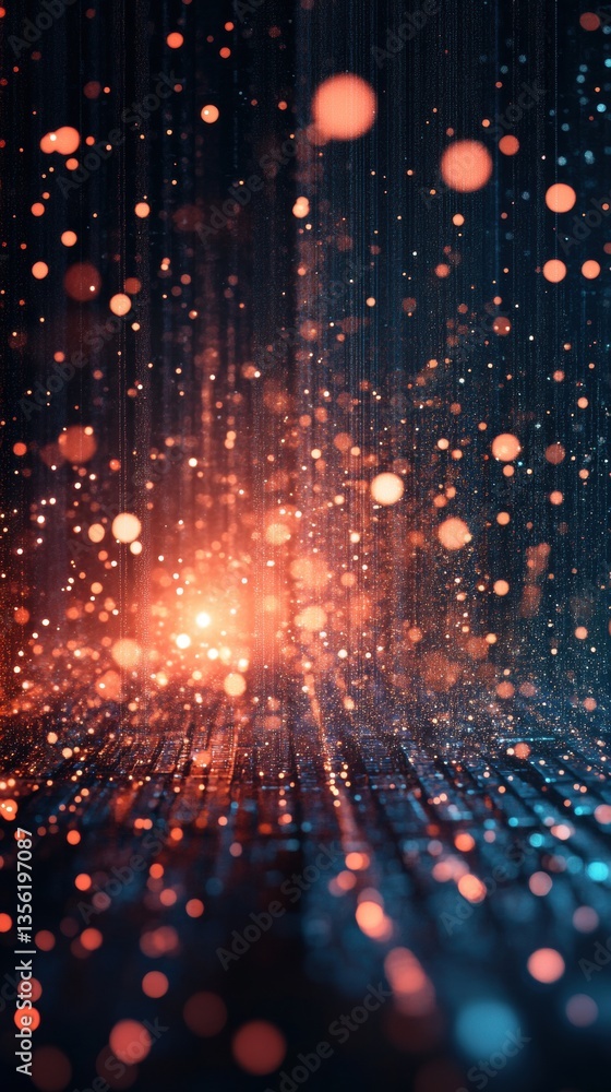 Poster abstract background with glowing particles and light flare in dark space representing energy and mot