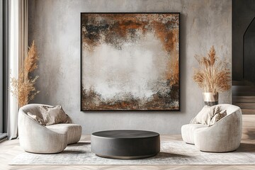 Stylish living room interior with armchairs and art decoration, mockup frame