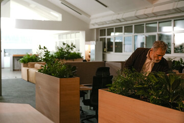A calm elderly Caucasian man stands alone in a modern office space surrounded by greenery, working...
