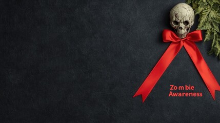 Red ribbon campaign highlights Zombie Awareness with a stark skull and natural elements in a dark setting. Zombie Awareness Month