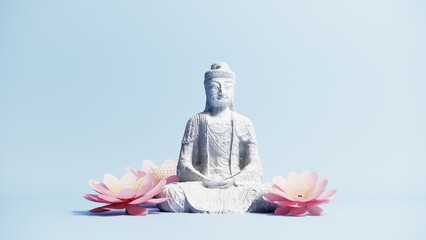 Vesak, Buddha Purnima background for sacred Buddhist festival celebrating enlightenment, meditation, and spiritual harmony. 3d render gretting card with lanterns, Buddha statue oerings, lotus owers.