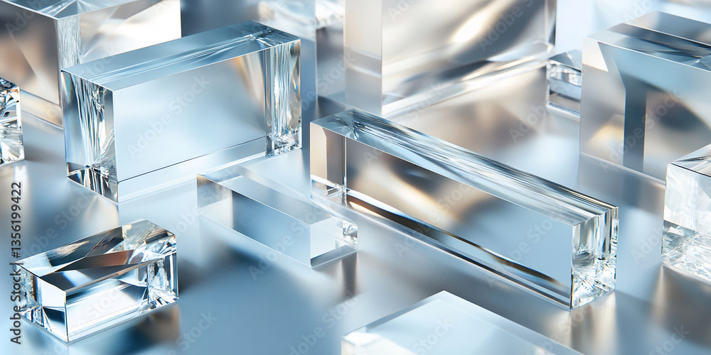Poster several transparent glass blocks of varying sizes and shapes, arranged on a reflective surface, crea