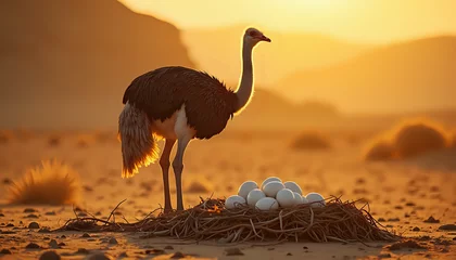 Vitrage gordijnen an ostrich standing over a nest of eggs in the desert © Wool World