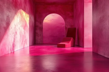 Viva magenta is a trend colour year 2023 in the luxury living lounge. Painted mockup wall for art - crimson red burgundy colour. Blank modern room design interior home. Accent carmine red. 3d render