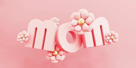 3d render of Mother's Day background. Delicate pink flowers blend with typography, creating a warm and elegant atmosphere. Ideal for gifts, celebration card, and design projects.