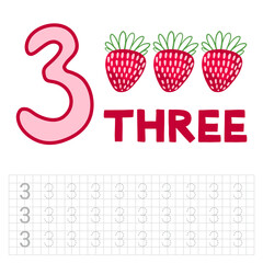 Number 3. Entertaining book. Page for developing children's writing. Teaching kids to write numbers.