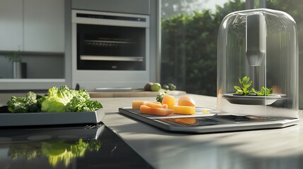 Indoor gardening technology in a modern kitchen with fresh produce