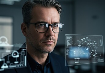 A confident businessman wearing glasses analyzes data on transparent monitors in a modern office.