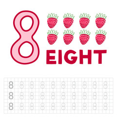 Number 8. Entertaining book. Page for developing children's writing. Teaching kids to write numbers.