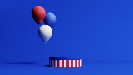 3d render of Memorial Day background with podim, ballons, stars and american flag. Patriotic events, red, white, and blue decor, and summer kickoffs mark this day of remembrance and appreciation.