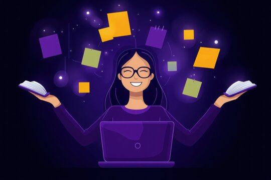 A cheerful person manages tasks with a laptop, surrounded by colorful notes, symbolizing productivity and organization.
